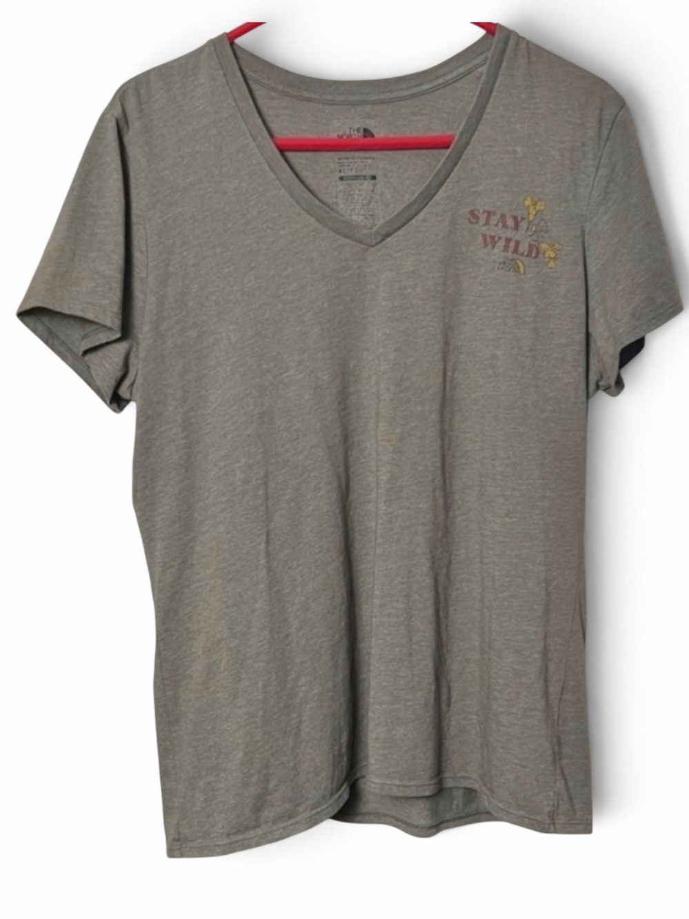 The North Face Gray V-Neck "Stay Wild" Women's Standard Fit Tee Size XL